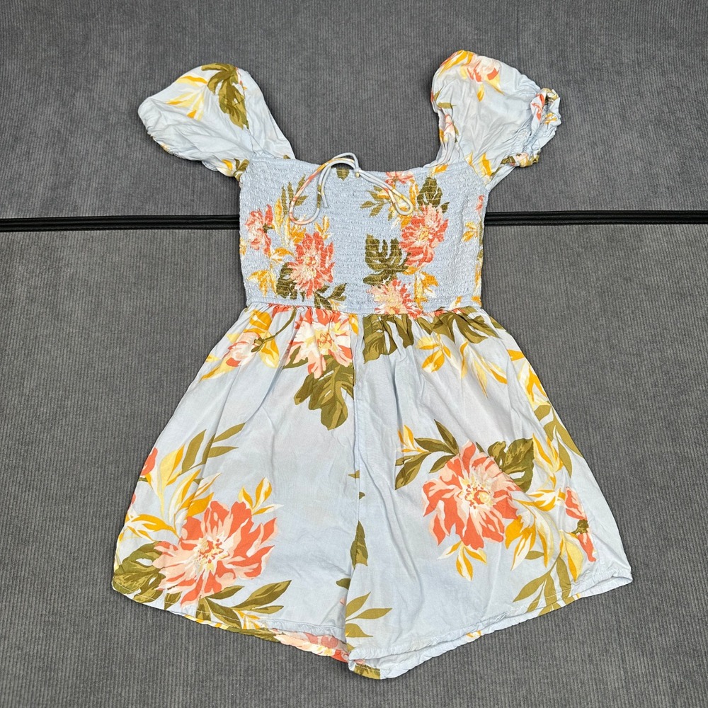 Billabong Floral Smocked Romper Blue Puff Sleeve Summer Jumpsuit Small Y2k